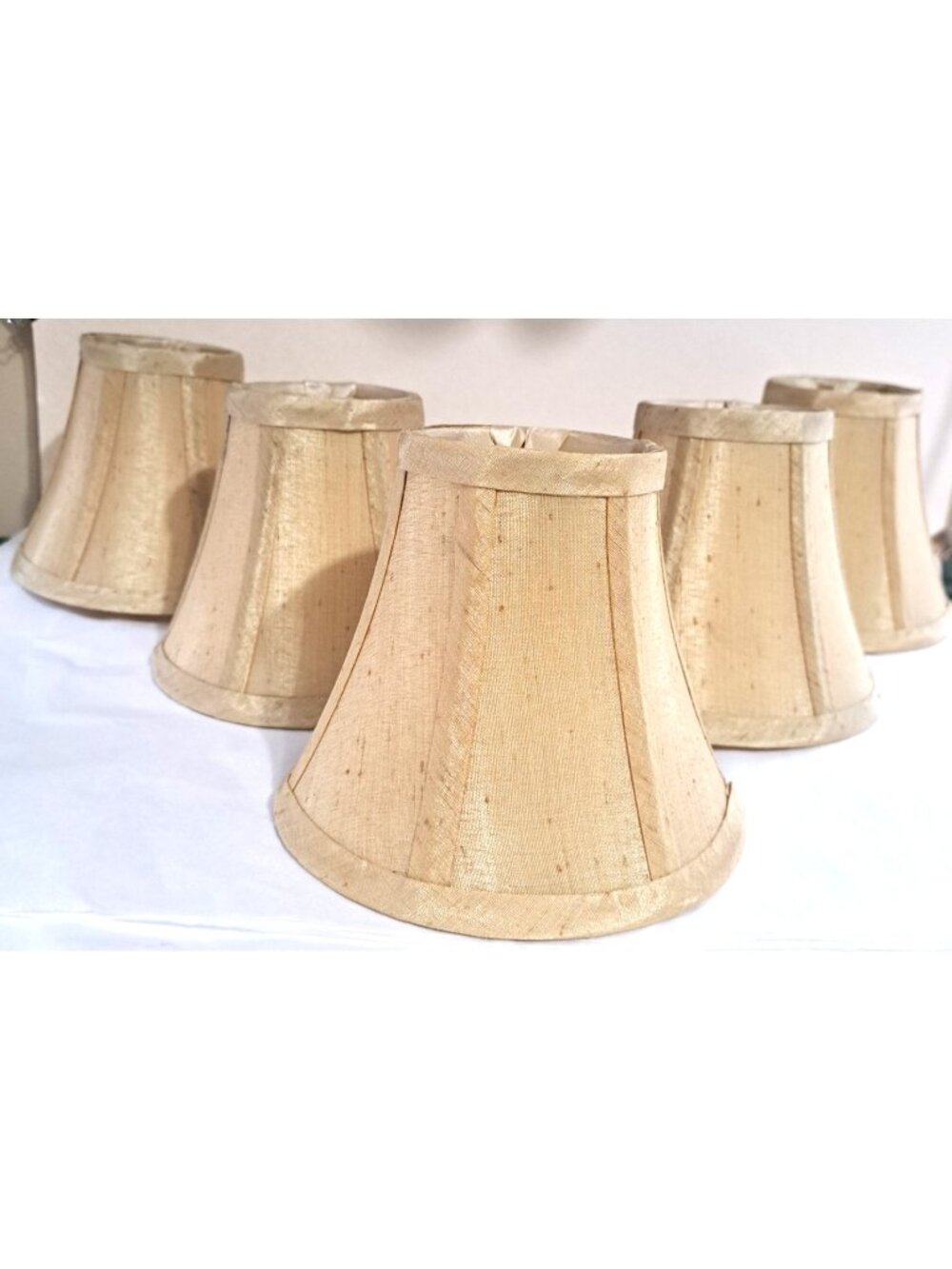Set of 5 Beige Mini Bell Lamp Clip On Shades 6" Faux Silk